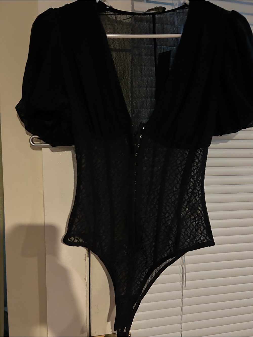 Lulu's Black Sheer Lace Puff-Sleeve Bodysuit